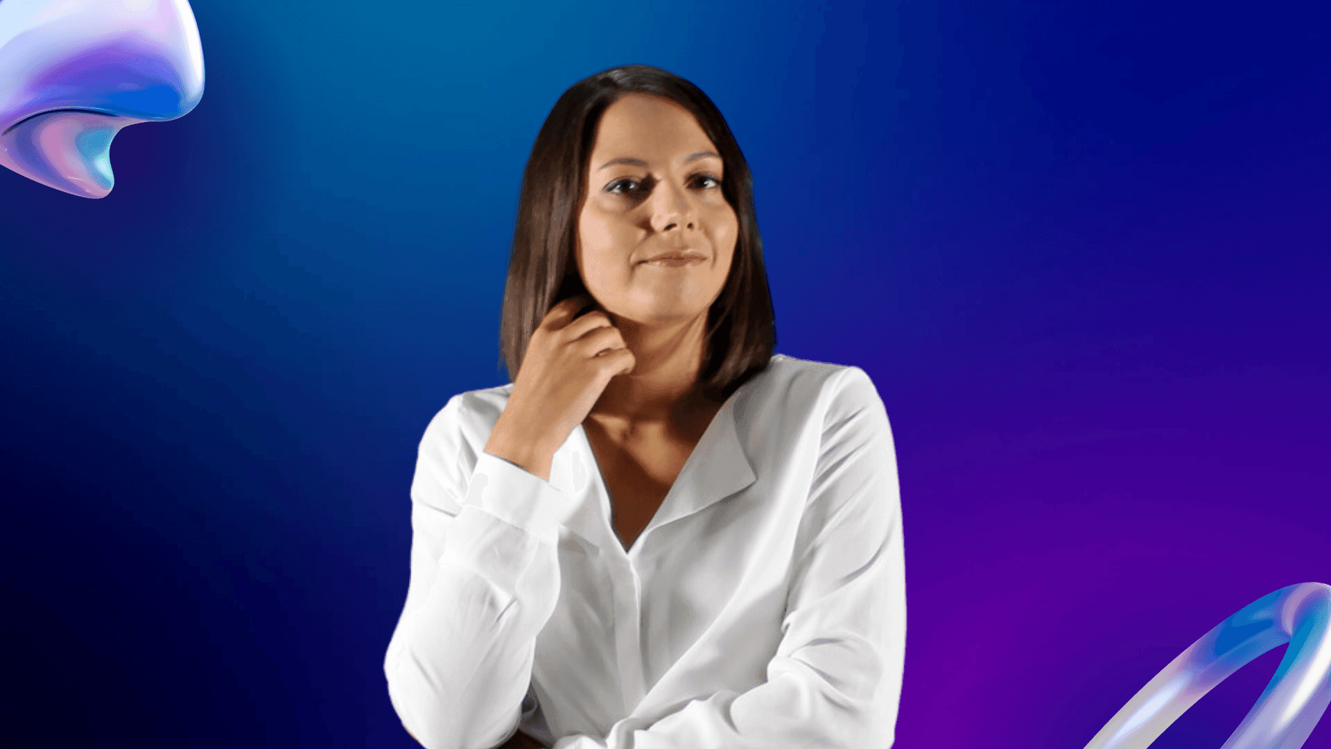 Woman in a white shirt posing against a blue and purple gradient background with abstract shapes.