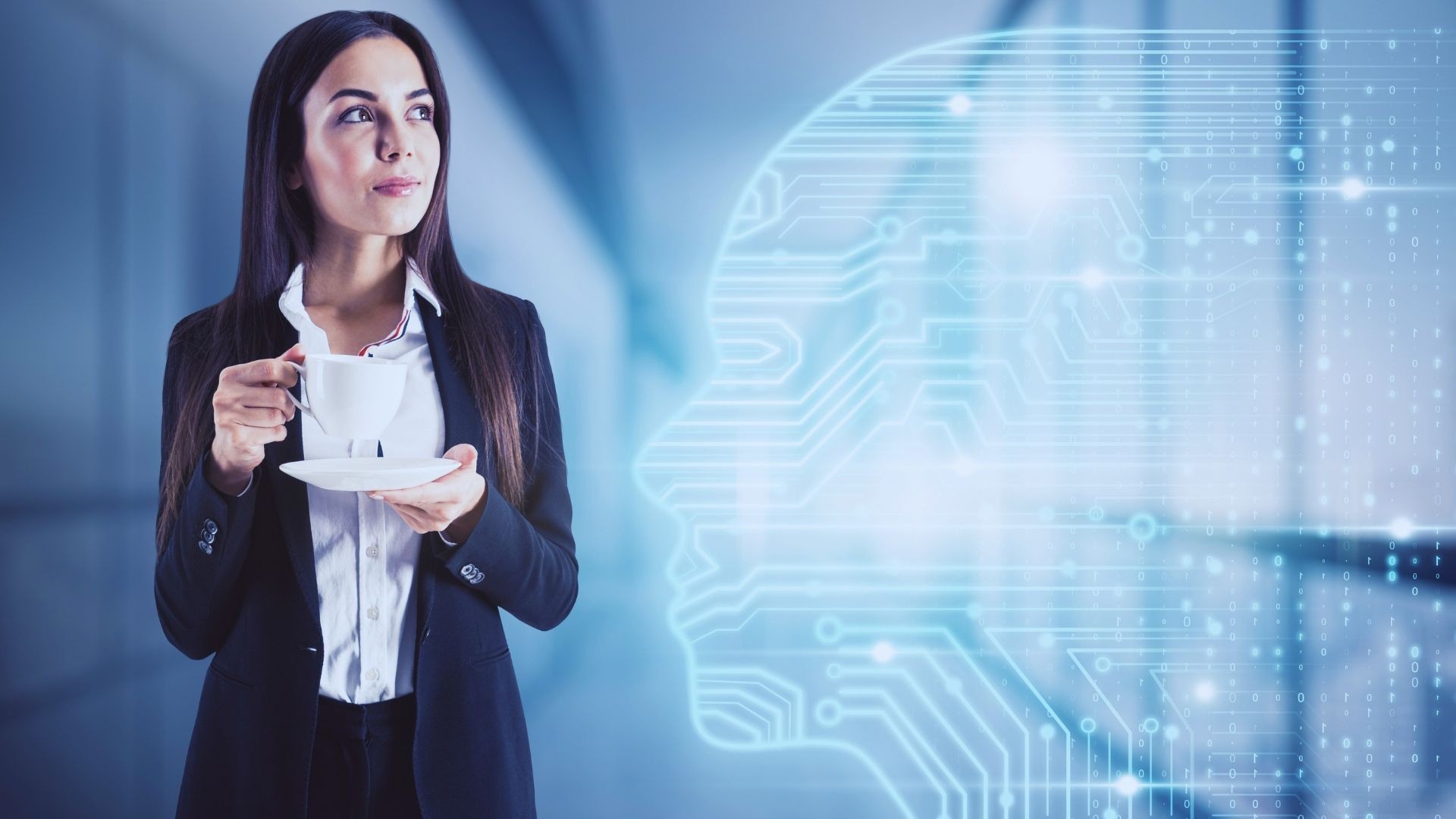 Businesswoman holding a coffee cup, standing beside a digital head profile with circuit patterns.